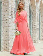 Vestido de dama de honor Sunderly para mujer, manga larga, cuello en V, de gasa, vestido formal de fiesta de boda SY28018