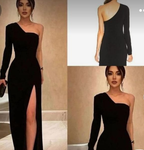 Vestidos largos de fiesta de terciopelo negro con un solo hombro. Vestidos de noche formales de terciopelo negro con un solo hombro S24607