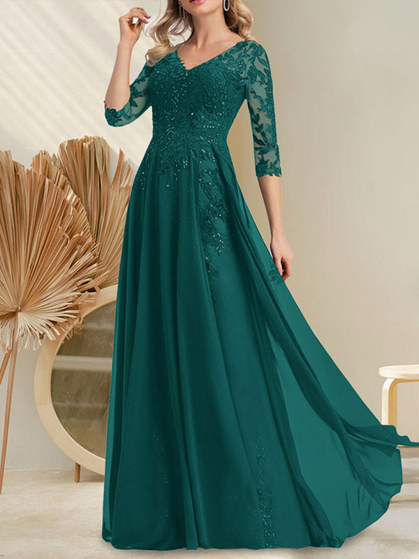 Vestido de novia de corte A, escote en V, largo hasta el suelo, de gasa de encaje con lentejuelas para la madre de la novia