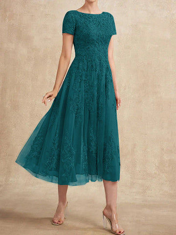 A-line Scoop Tea-Length Tulle Lace Mother of the Bride Dress