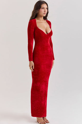 Vestido largo de noche ajustado de terciopelo, manga larga y escote corazón, sexy - Rojo 