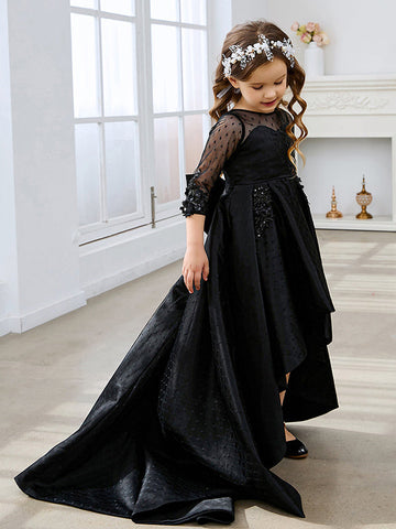 Vestido de gala/vestido negro de princesa con cola de barrido de satén 