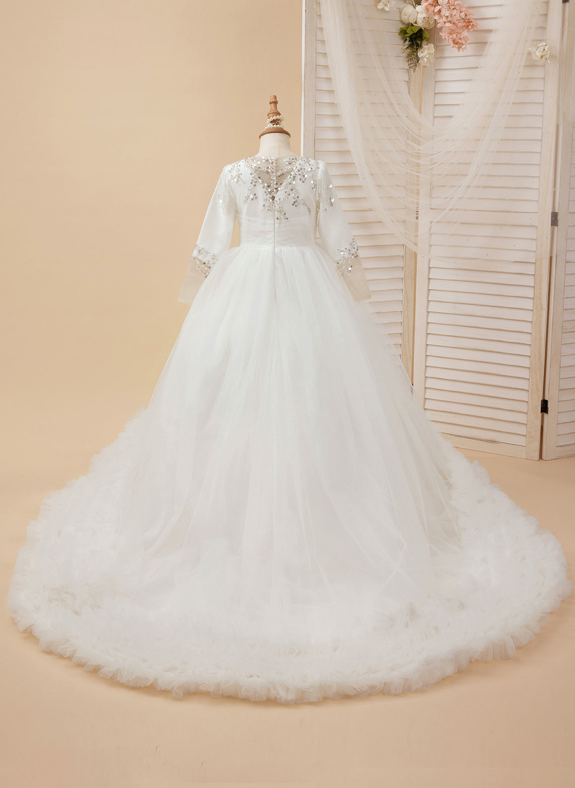 Vestido blanco de niña de las flores para la Primera Comunión, corte en A, satén y tul con cola de corte 