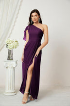 Baoleely  Chiffon Ruffled One Shoulder Long Bridesmaid Dresses A-line Formal Evening Gown Side Split 2809