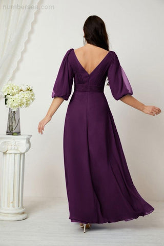 Baoleely  Formal Prom Gown Women V-Neck Chiffon Bridesmaid Dresses Long Bishop Sleeve Party Dress 2807