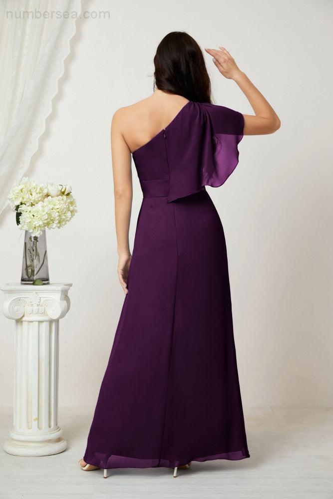 Baoleely  Chiffon Ruffled One Shoulder Long Bridesmaid Dresses A-line Formal Evening Gown Side Split 2809