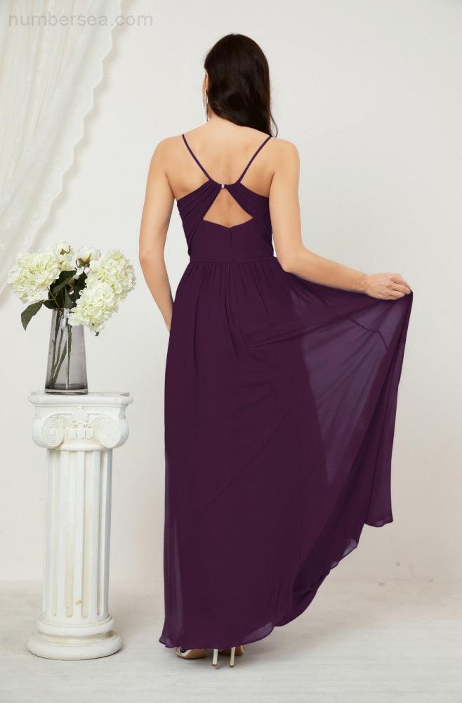 Robe de demoiselle d'honneur en mousseline de soie, longue, coupe trapèze, col en V, pour soirée de mariage, 2801 