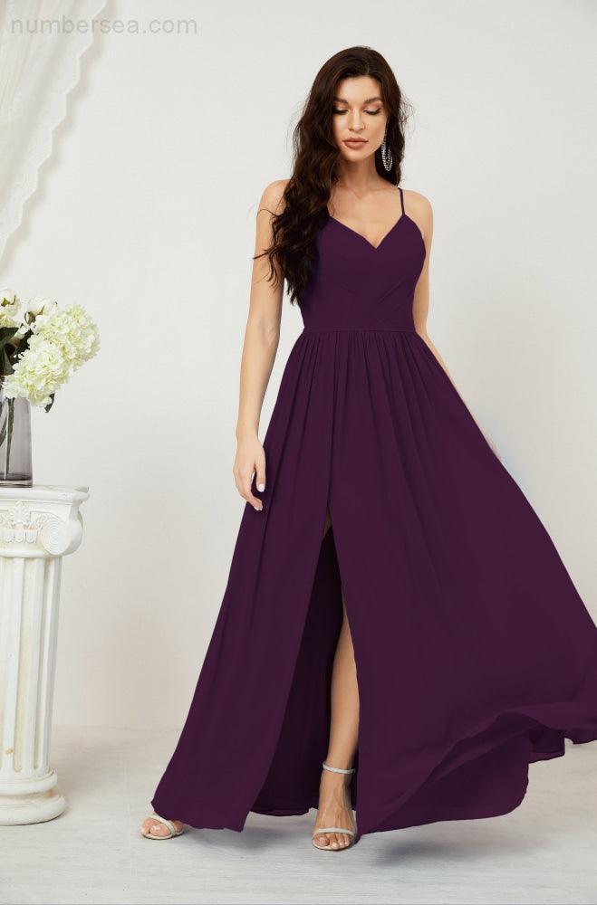 Robe de demoiselle d'honneur en mousseline de soie, longue, coupe trapèze, col en V, pour soirée de mariage, 2801 
