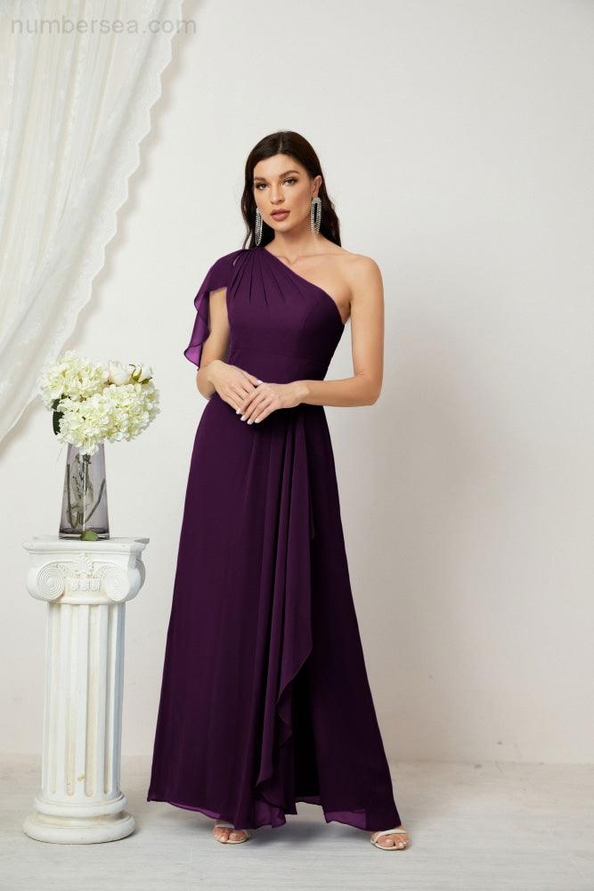 Baoleely  Chiffon Ruffled One Shoulder Long Bridesmaid Dresses A-line Formal Evening Gown Side Split 2809