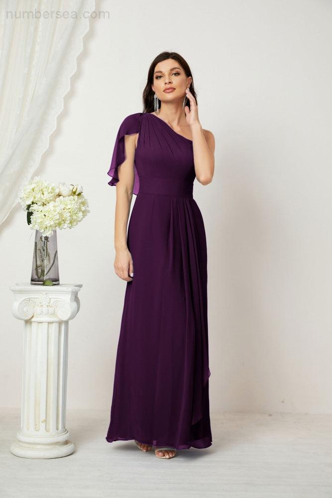 Baoleely  Chiffon Ruffled One Shoulder Long Bridesmaid Dresses A-line Formal Evening Gown Side Split 2809
