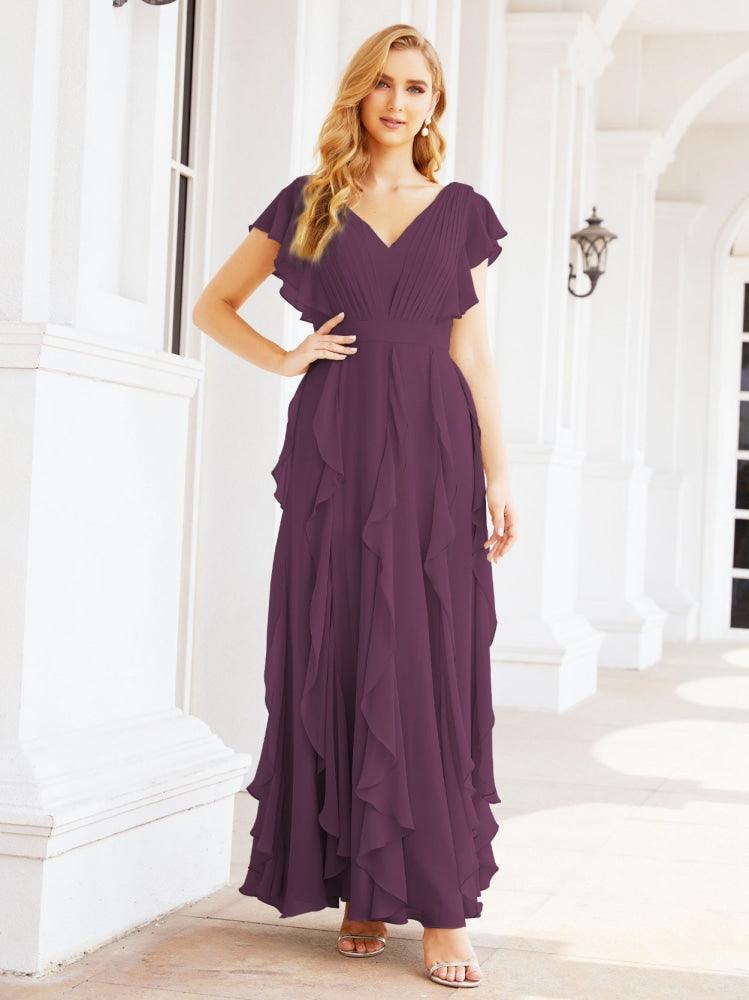 Ruffled Bridesmaid Dresses with Sleeves Long Formal Party Dress 28041