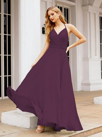 Baoleely Halter Chiffon Bridesmaid Dresses Wedding Appare Sleeveless Formal Prom Dress with Ruffled Back 28035
