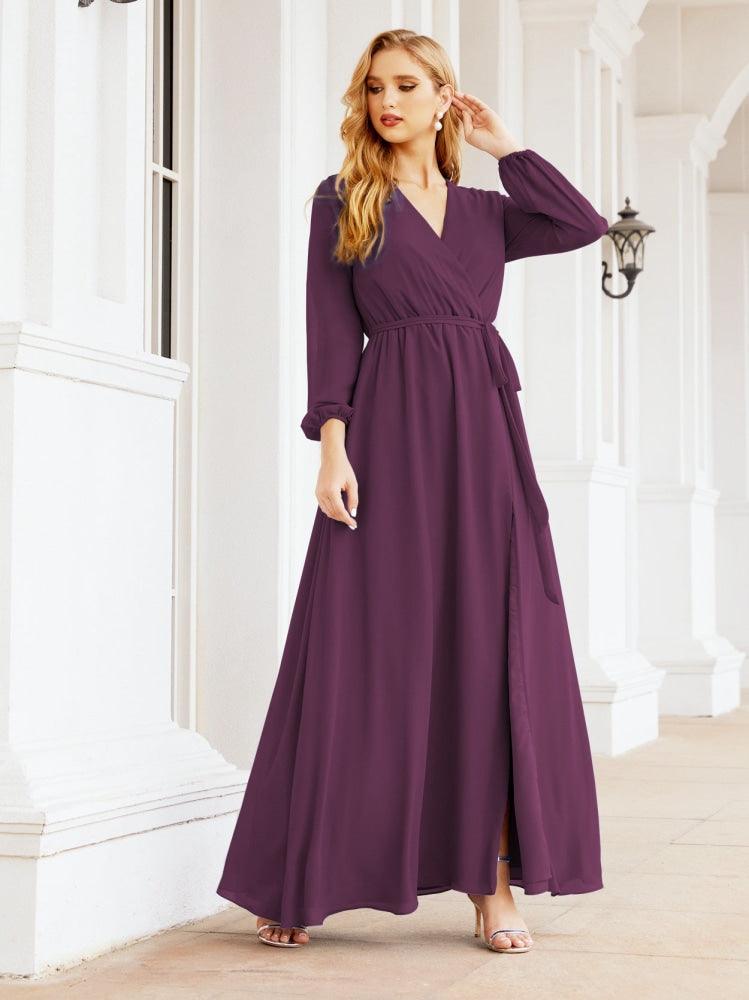 Vestido de dama de honor de gasa para mujer Sunderly, corte en A, manga larga, vestido de noche formal para invitada de boda SY28032 