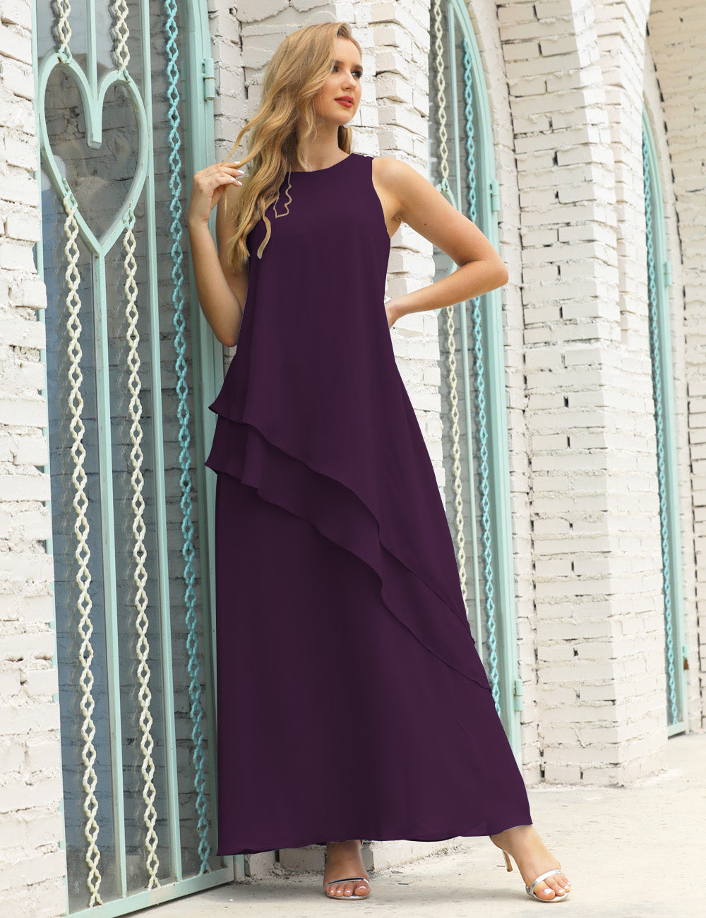 Plum Color Size 10 Crew Neck Mother of Bride Dresses Double Ruffled PromDress SEA28019