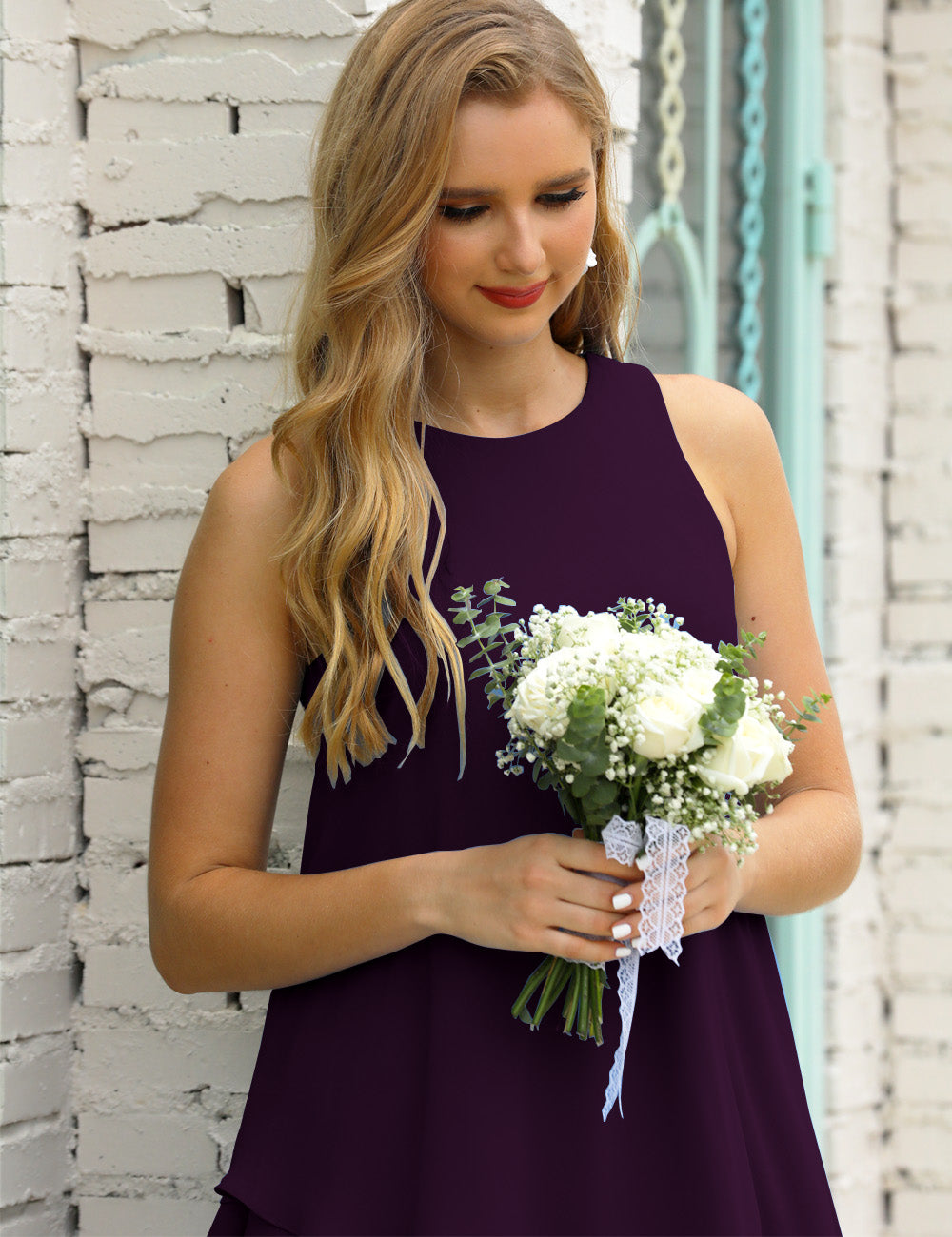 Plum Color Size 10 Crew Neck Mother of Bride Dresses Double Ruffled PromDress SEA28019