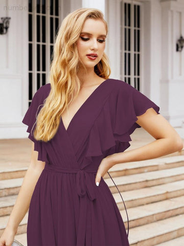 Vestido de fiesta formal de noche con espalda descubierta para mujer Baoleely, escote en V, largo, de gasa, con cinturón a la cintura 28038