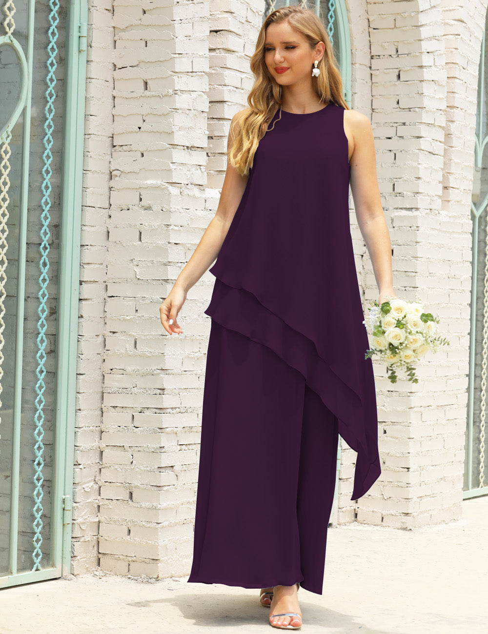Plum Color Size 10 Crew Neck Mother of Bride Dresses Double Ruffled PromDress SEA28019