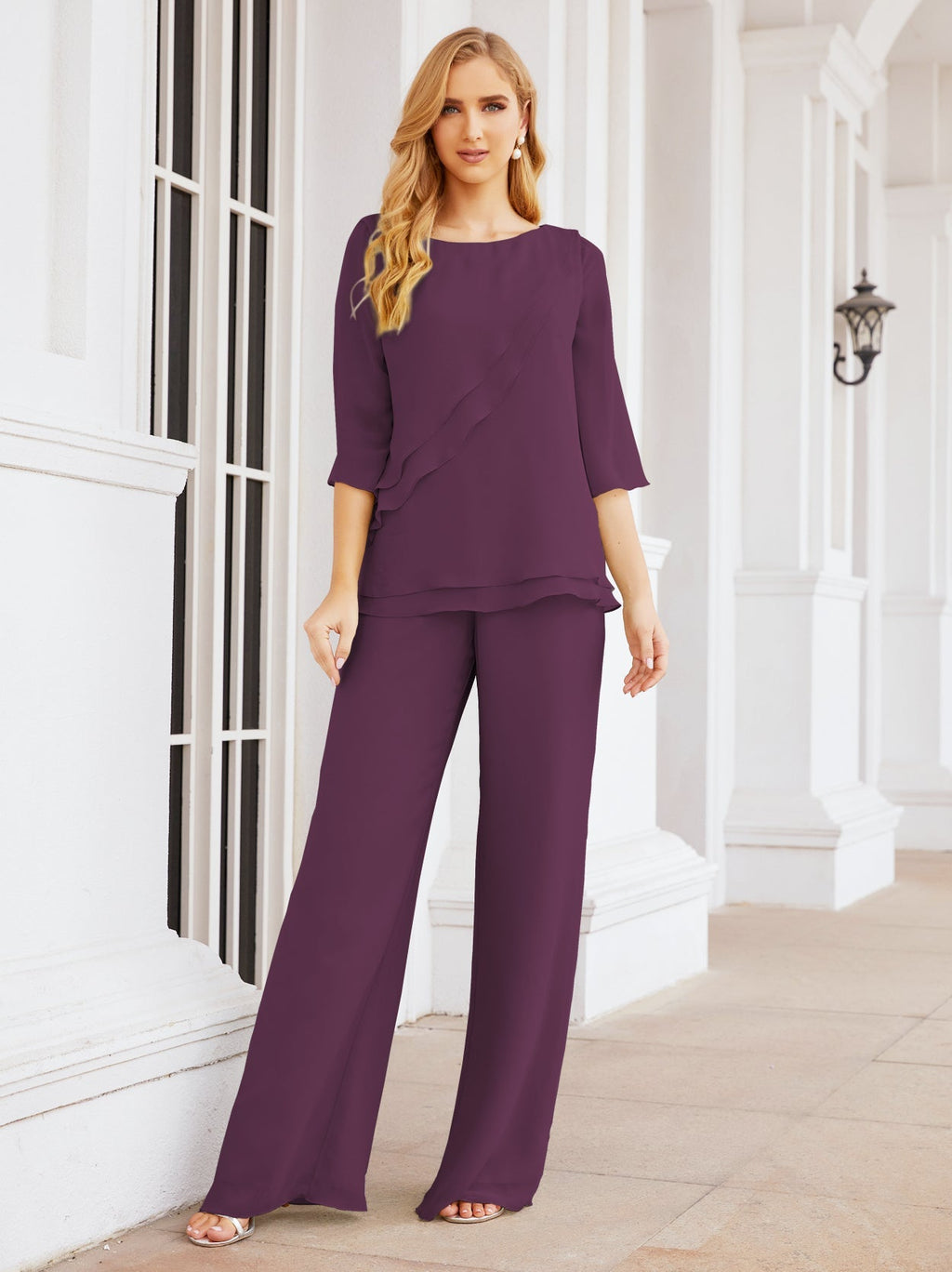 Baoleely Élégante robe mère de la mariée 2 pièces, grande taille, pantalon, volants, couches argentées, peignoir 28064
