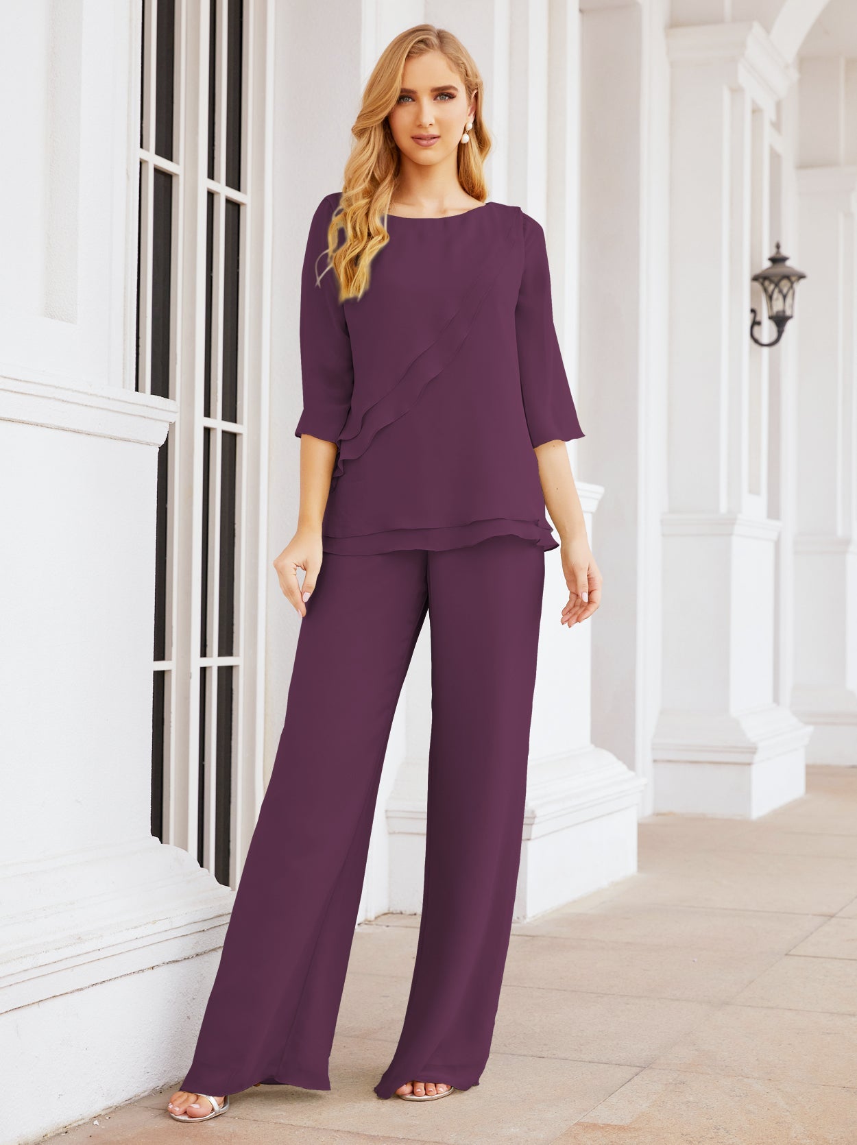 Baoleely Élégante robe mère de la mariée 2 pièces, grande taille, pantalon, volants, couches argentées, peignoir 28064