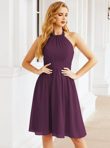 Robe de demoiselle d'honneur courte en mousseline de soie, dos nu, sans manches, robe de soirée formelle, dos nu, Baoleely 28023 