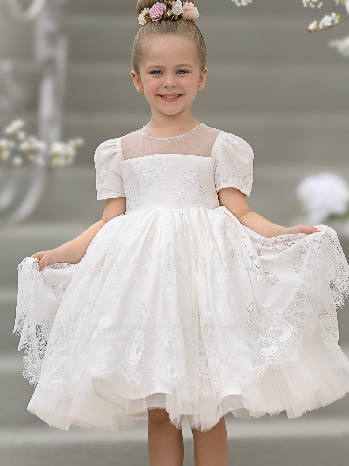 Vestido de niña de las flores de la Primera Comunión de encaje hasta la rodilla 