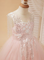 Vestido de princesa/vestido largo de tul satinado rosa para niña de las flores 