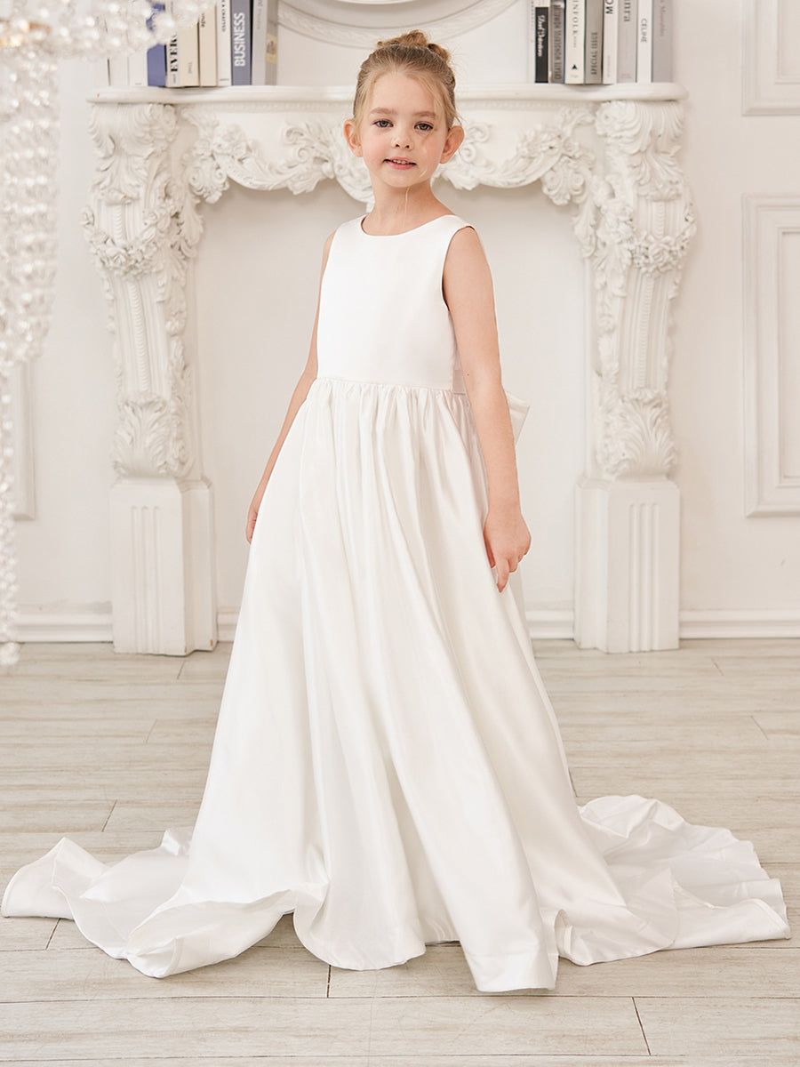 Vestido de niña de las flores de satén sin mangas, corte princesa, con cola y lazo. 