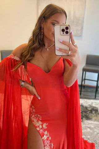 Robe de bal longue jaune à épaules dénudées et fente, coupe trapèze