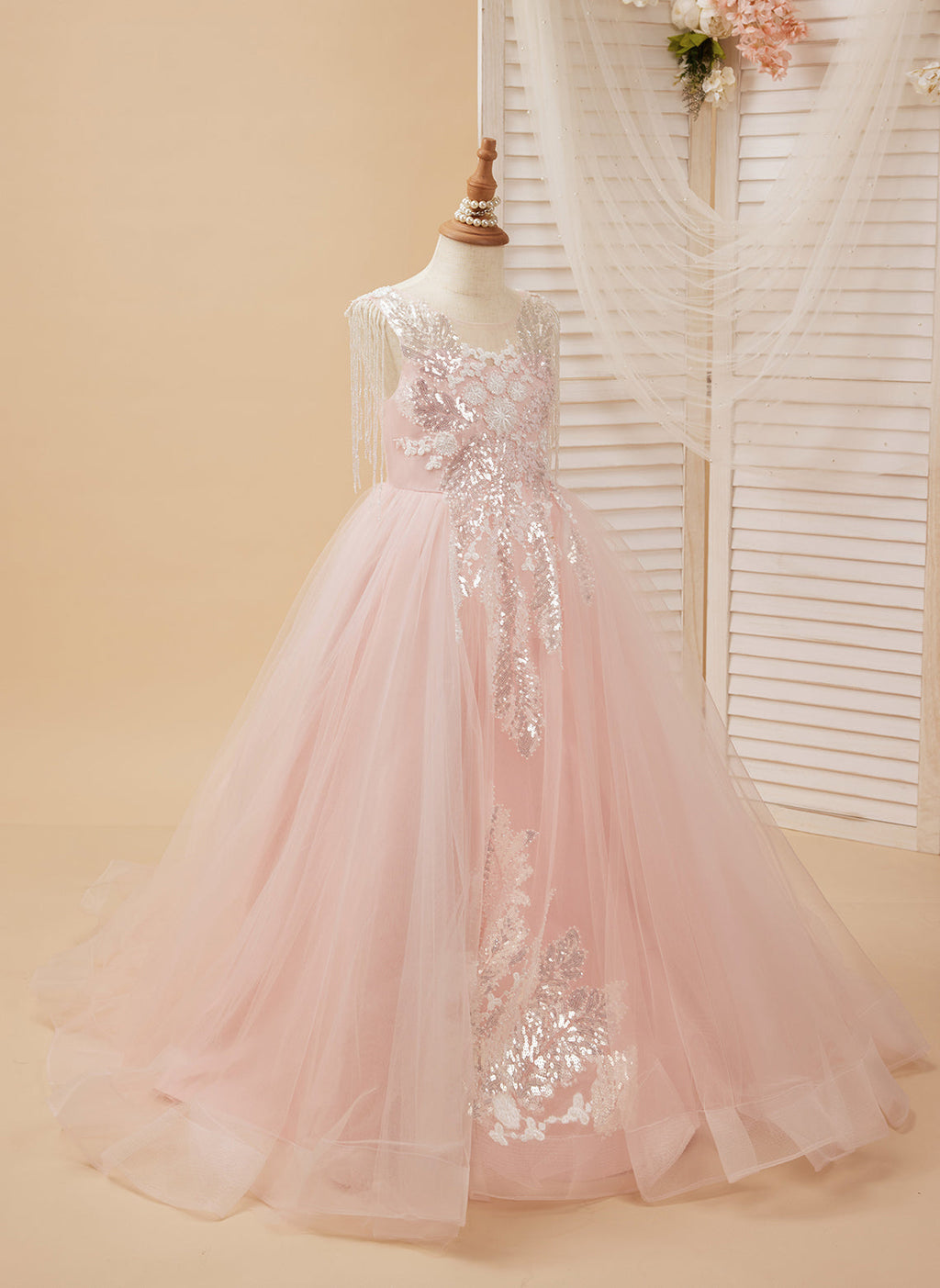 Vestido de princesa/vestido largo de tul satinado rosa para niña de las flores 