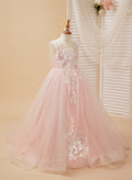 Vestido de princesa/vestido largo de tul satinado rosa para niña de las flores 