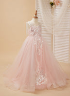 Vestido de princesa/vestido largo de tul satinado rosa para niña de las flores 
