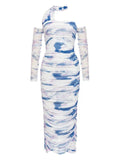 Open back hanging neck sexy long sleeved printed pleated long buttocks wrapped party evening dress