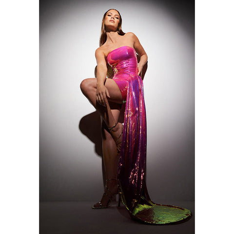 Vestido de fiesta de dos piezas sin tirantes con lentejuelas y cintura cruzada 