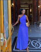 Robe trapèze plissée sans manches à taille roulée, sans manches, à une épaule, sexy, style bal de promo et soirée.