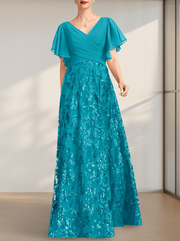 Vestido de novia de corte A, escote en V, largo hasta el suelo, de encaje, lentejuelas y gasa, con pliegues.