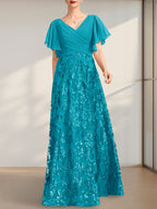 Vestido de novia de corte A, escote en V, largo hasta el suelo, de encaje, lentejuelas y gasa, con pliegues.