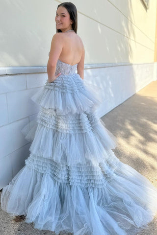 Tulle Appliques Halter Ruffle Tiered Ball Gown