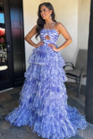 Print Halter Keyhole Ruffle Tiered Long Prom Dress