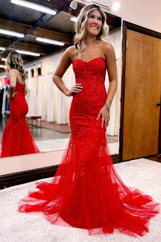Vestido de fiesta de sirena con escote corazón, tul y encaje