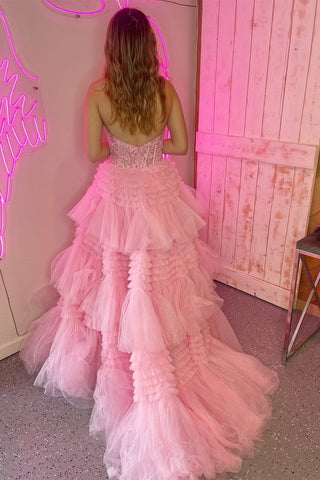 Tulle Appliques Halter Ruffle Tiered Ball Gown