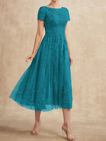 A-line Scoop Tea-Length Tulle Lace Mother of the Bride Dress