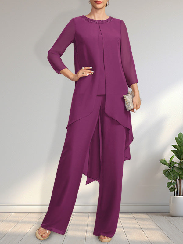 Vestido de dos piezas para la madre de la novia: mono/pantalón de gasa con escote redondo y largo hasta el suelo, adornado con lentejuelas y pedrería.