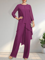 Vestido de dos piezas para la madre de la novia: mono/pantalón de gasa con escote redondo y largo hasta el suelo, adornado con lentejuelas y pedrería.