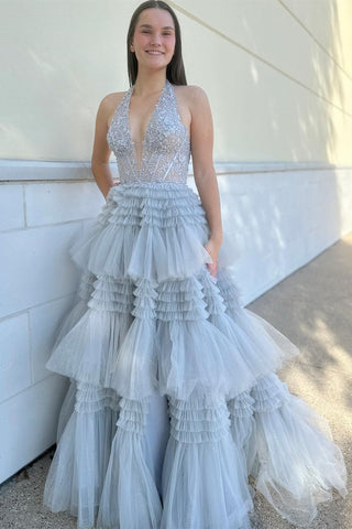 Tulle Appliques Halter Ruffle Tiered Ball Gown