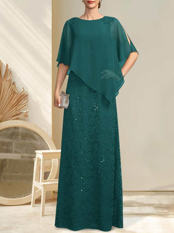 Robe fourreau/colonne longue en mousseline de soie et dentelle, ornée de sequins et de perles, pour la mère de la mariée.