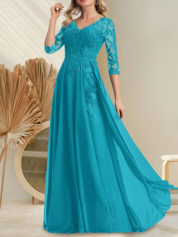 Vestido de novia de corte A, escote en V, largo hasta el suelo, de gasa de encaje con lentejuelas para la madre de la novia