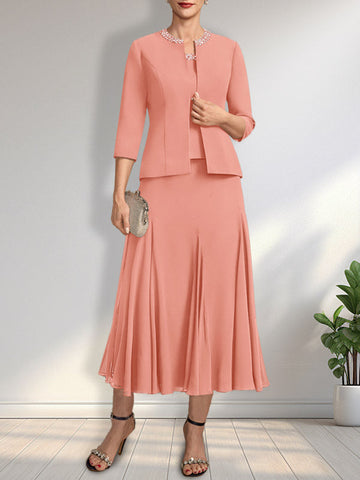 Separates A-line Scoop Tea-Length Chiffon Mother of the Bride Dress With Sequins Beading