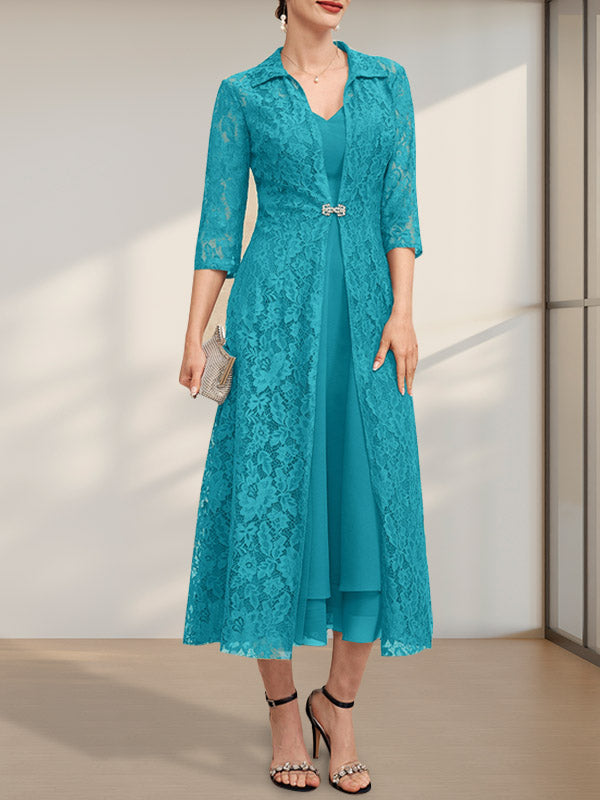 Robe de mère de la mariée en mousseline, coupe trapèze, col en V, longueur thé