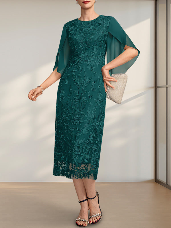 Vestido de novia de gasa de encaje, corte recto/columna, largo hasta la rodilla, con escote redondo.