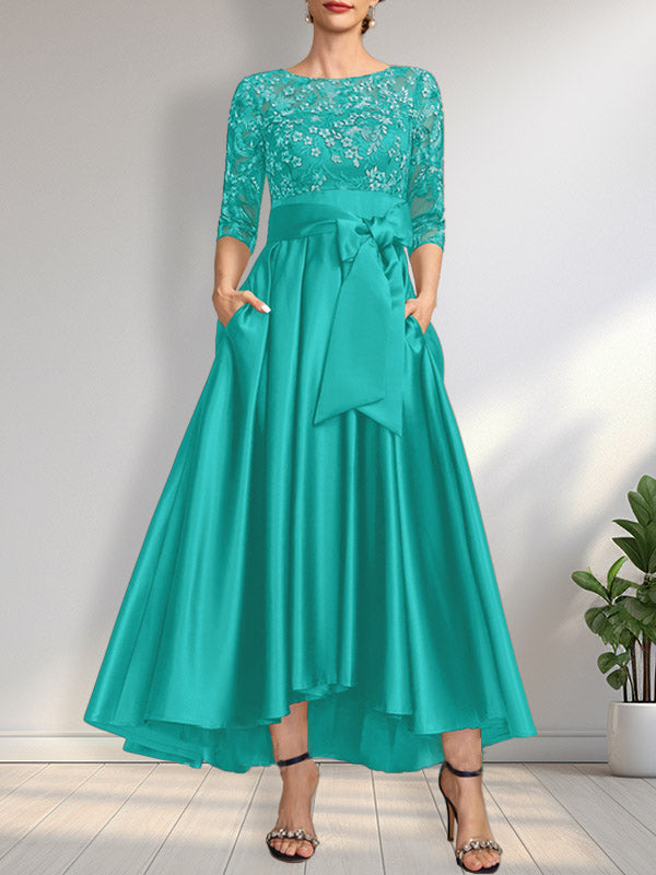 Vestido de madrina de la novia, corte asimétrico, escote ilusión, satén y encaje, con lazo.